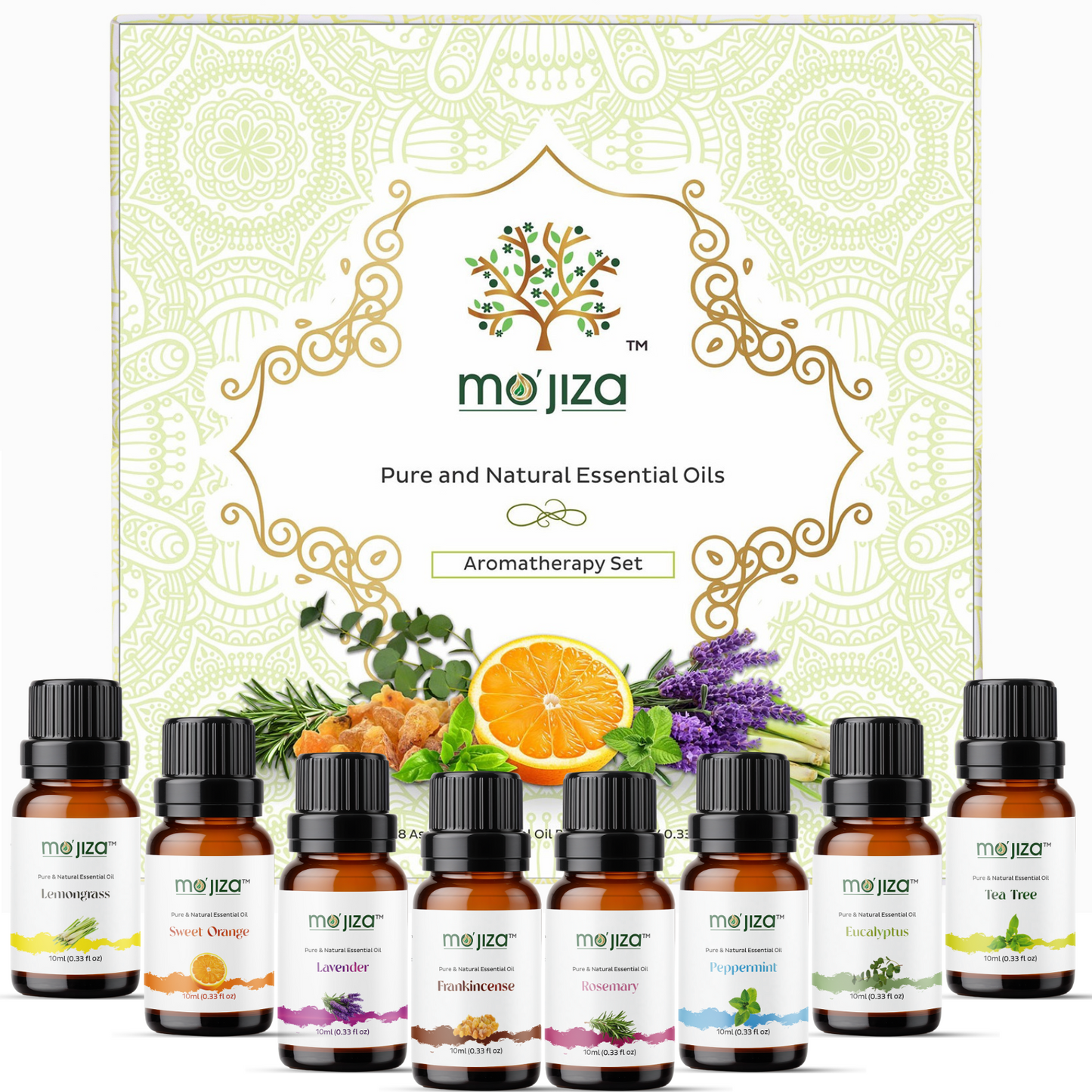 MO'JIZA Pure Aromatherapy Essential Oils Giftset, 8 Oils-Lavender, Tea Tree, Eucalyptus, Frankincense, Rosemary, Peppermint, Sweet Orange, Lemongrass, 10ml each. Certified Kosher, Vegan & Cruelty Free