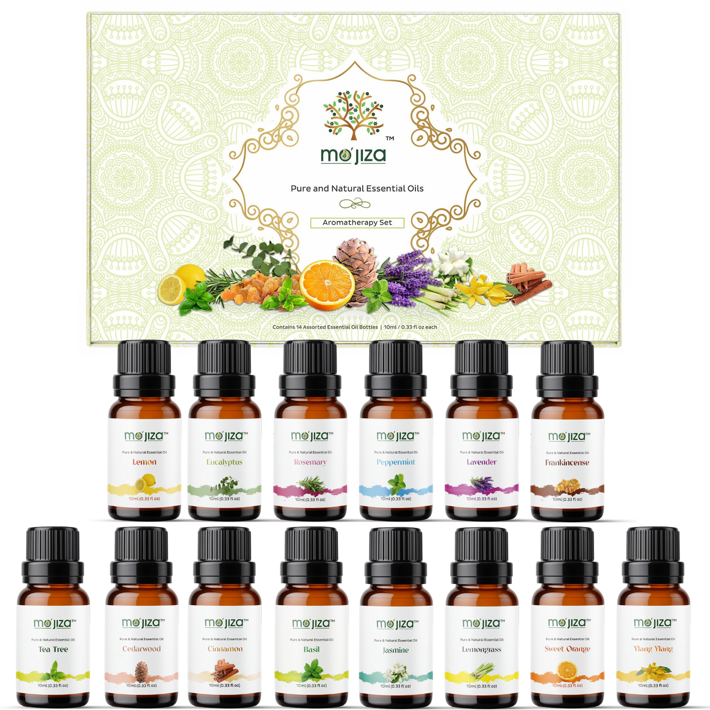 MO'JIZA Pure Aromatherapy Essential Oils Giftset, 14 Oils- including Lavender, Tea Tree, Jasmine, Ylang Ylang, Frankincense, Cedarwood, and more, 10ml each. Certified Kosher, Vegan & Cruelty Free