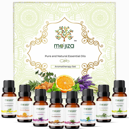 MO'JIZA Pure Aromatherapy Essential Oils Giftset, 8 Oils-Lavender, Tea Tree, Eucalyptus, Frankincense, Rosemary, Peppermint, Sweet Orange, Lemongrass, 10ml each. Certified Kosher, Vegan & Cruelty Free